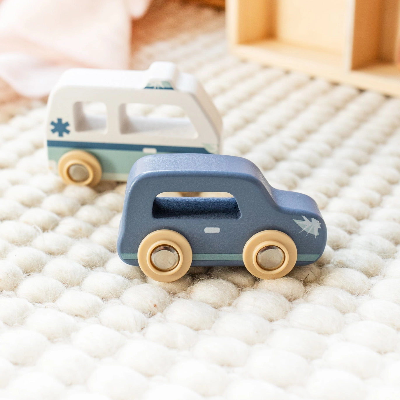 Wooden Car Display Case with Six Vehicles