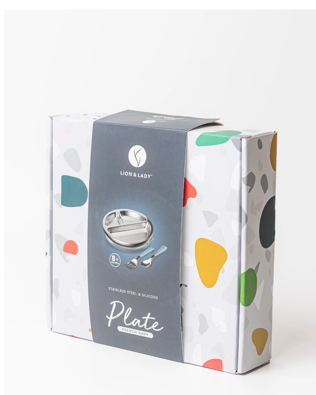 Lion & Lady 18/8 Stainless Toddler Plate with Silicone Suction Base, Spoon and Fork - French Navy