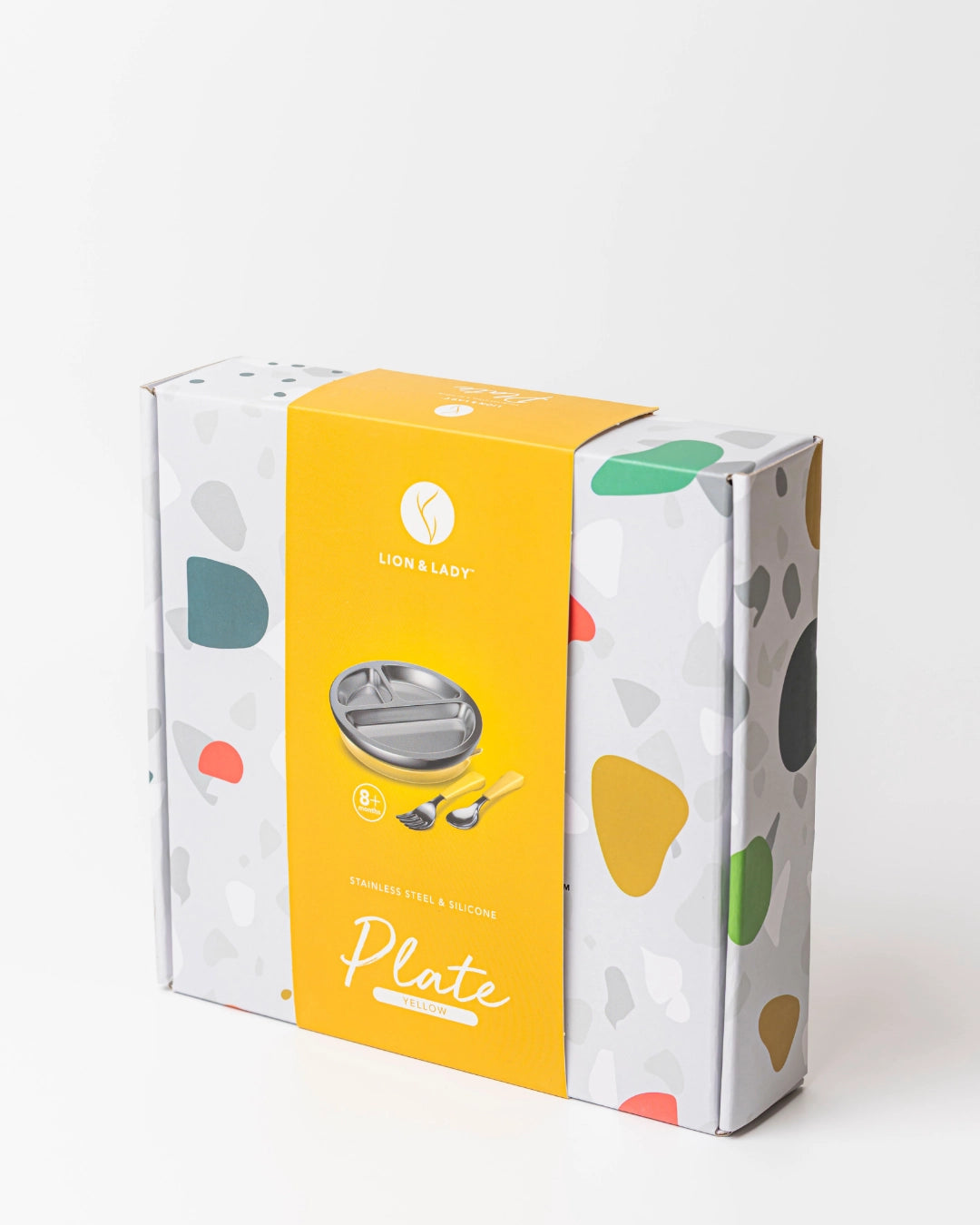 18/8 Stainless Toddler Plate with Silicone Suction Base, Spoon and Fork - Yellow