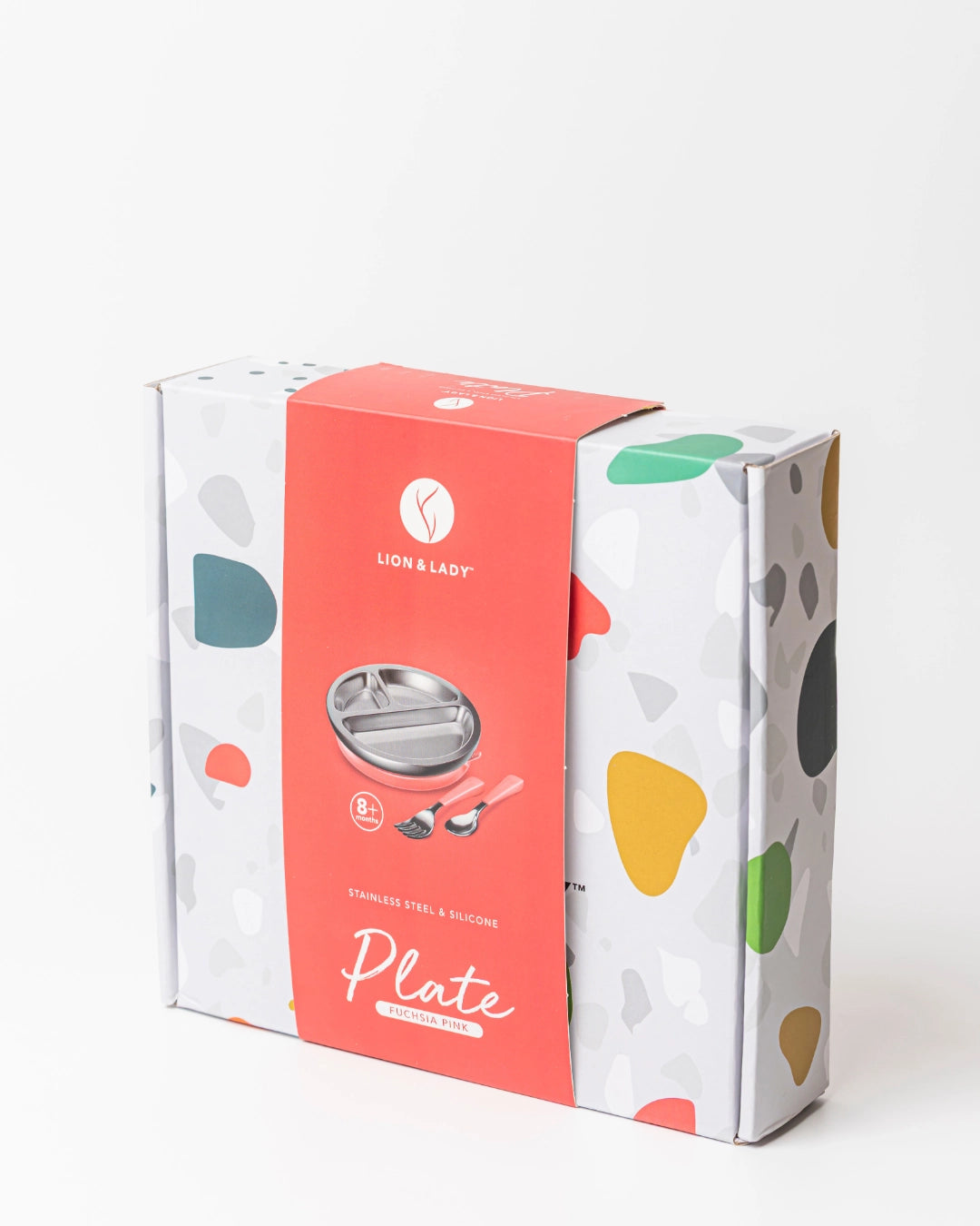 Lion & Lady 18/8 Stainless Toddler Plate with Silicone Suction Base, Spoon and Fork - Fuchsia Pink