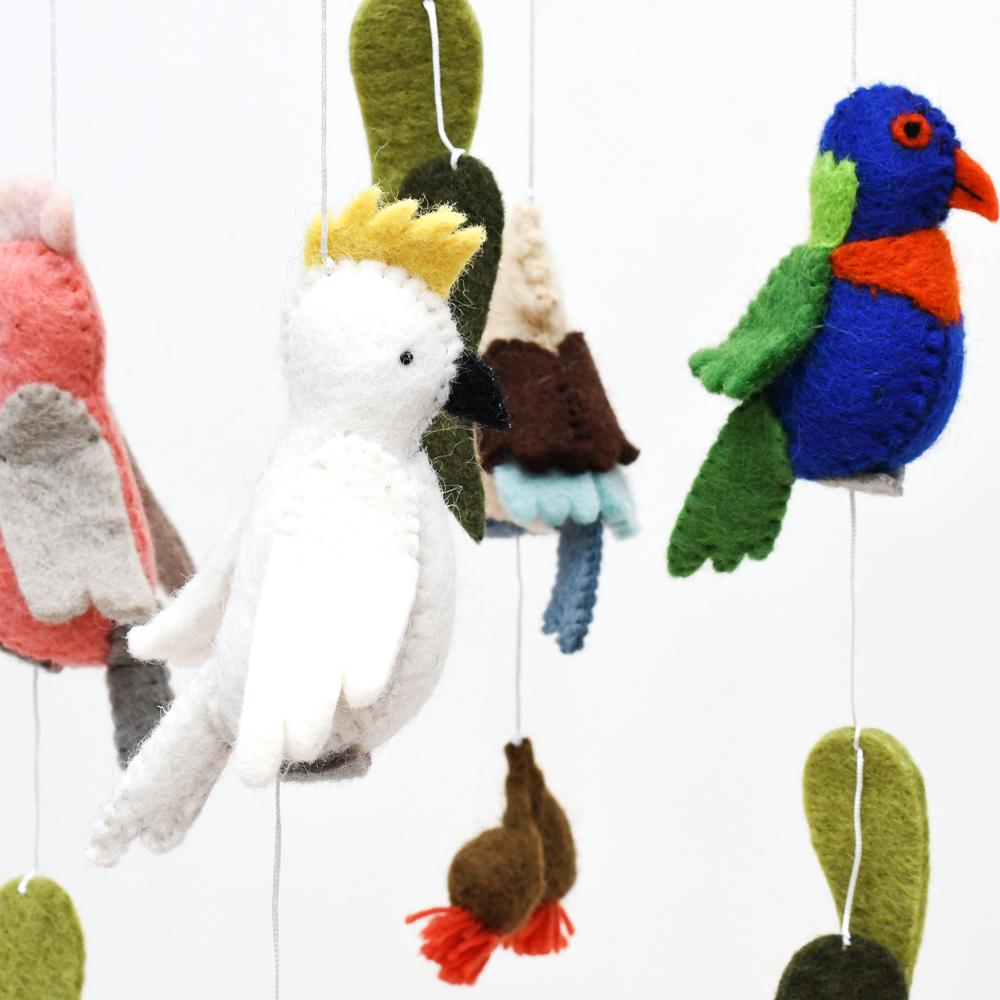 Felt Baby Mobile - Australian Birds - Cockatoo, Lorikeet, Galah And Kookaburra by Tara's Treasures