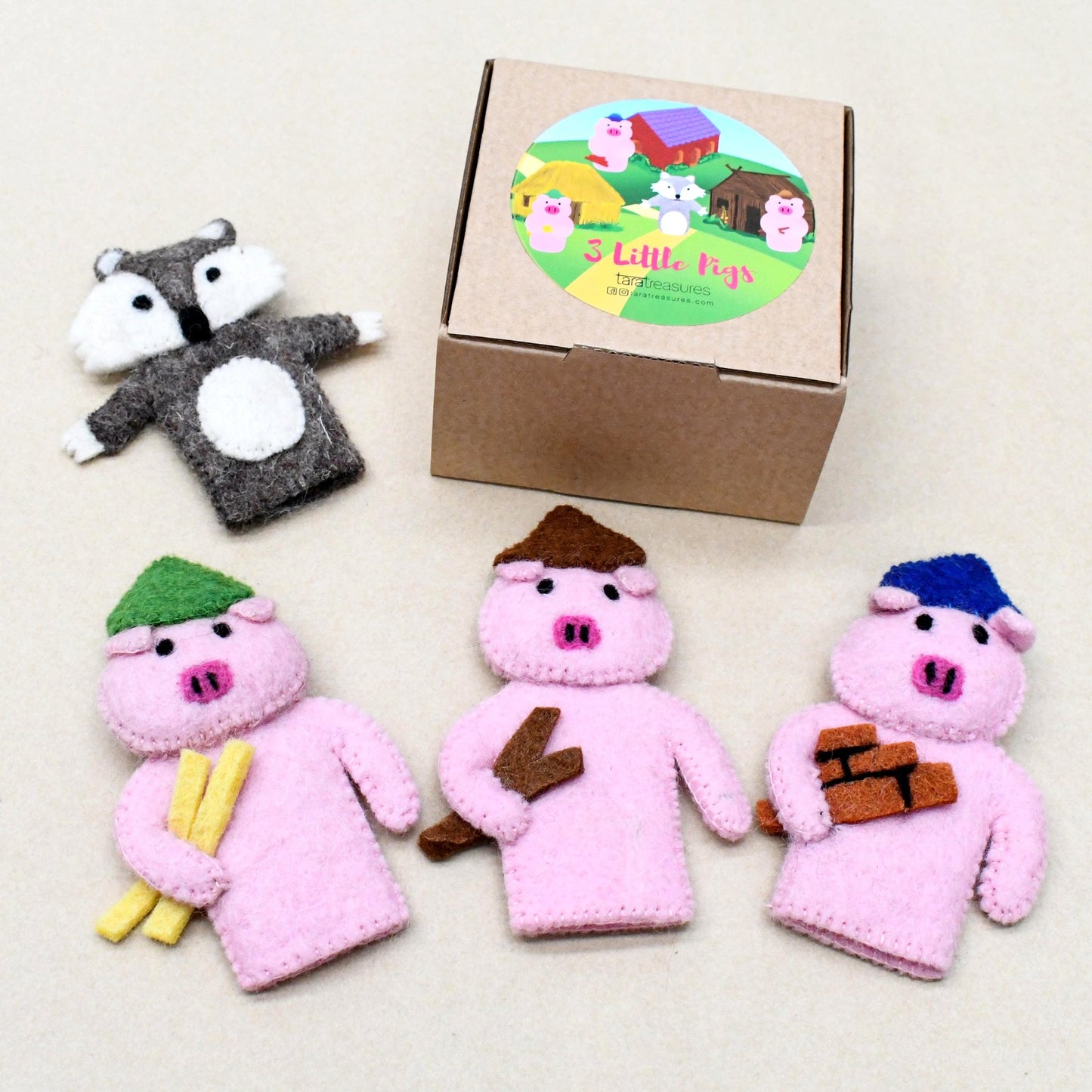 Felt The Three Little Pigs, Felt Finger Puppet Set by Tara's Treasures