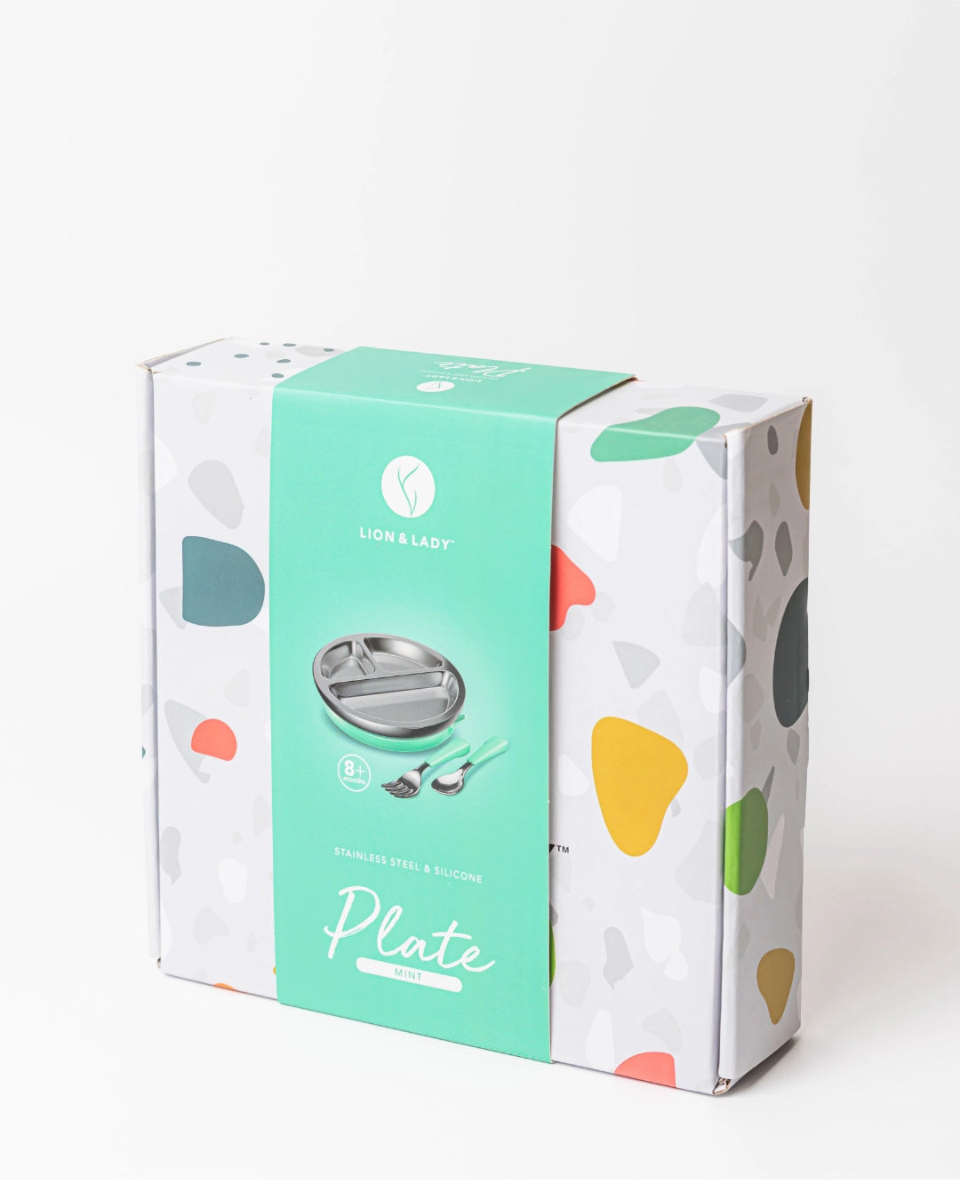 Lion & Lady 18/8 Stainless Toddler Plate with Silicone Suction Base, Spoon and Fork - Mint