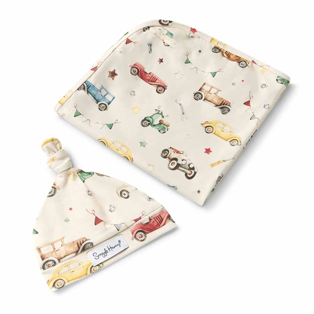 Vintage Cars Organic Jersey Wrap & Beanie Set by Snuggle Hunny