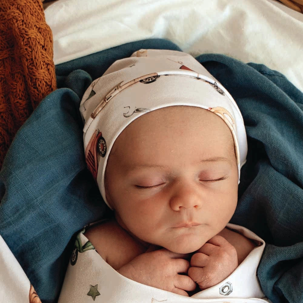 Vintage Cars Organic Knotted Beanie by Snuggle Hunny