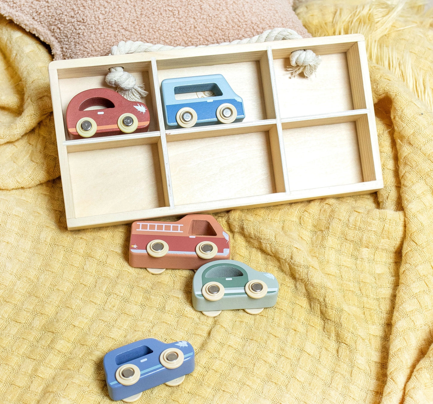 Wooden Car Display Case with Six Vehicles