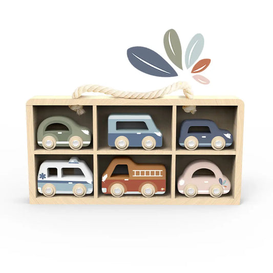 Wooden Car Display Case with Six Vehicles