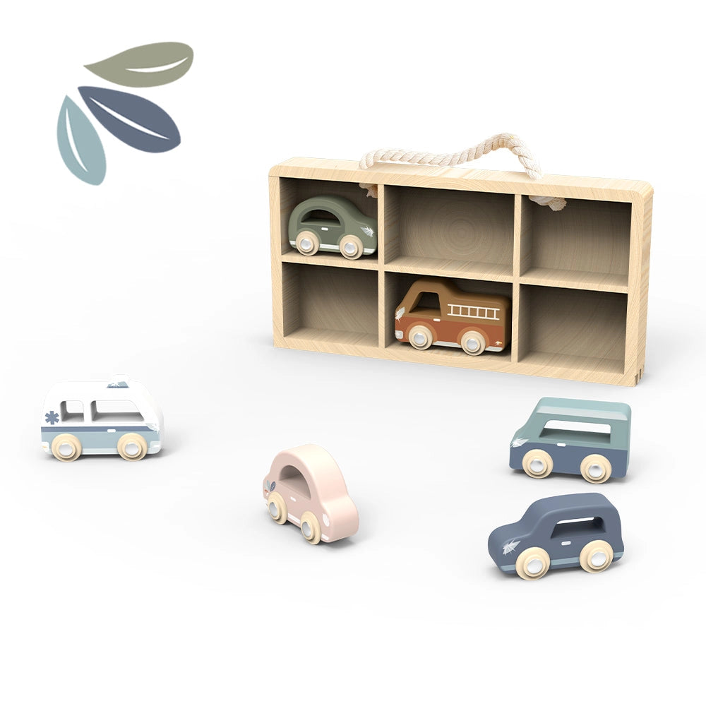 Wooden Car Display Case with Six Vehicles