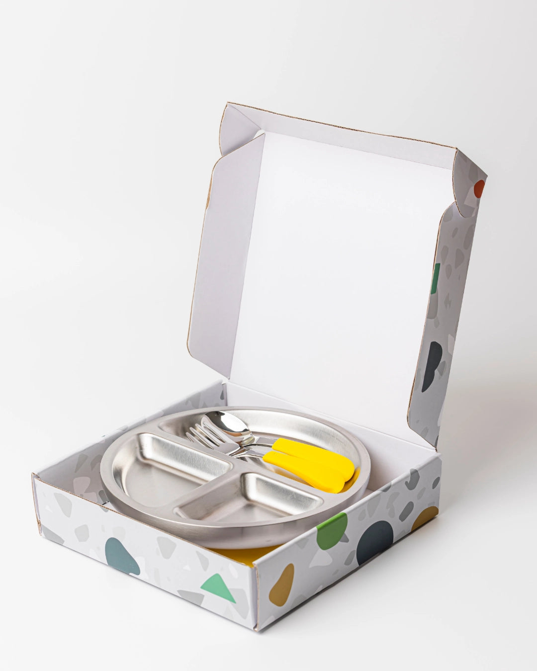 18/8 Stainless Toddler Plate with Silicone Suction Base, Spoon and Fork - Yellow