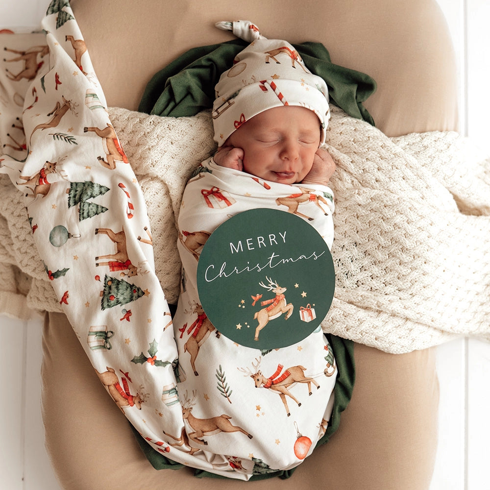 Prancer & Friends Organic Jersey Wrap & Beanie Set by Snuggle Hunny