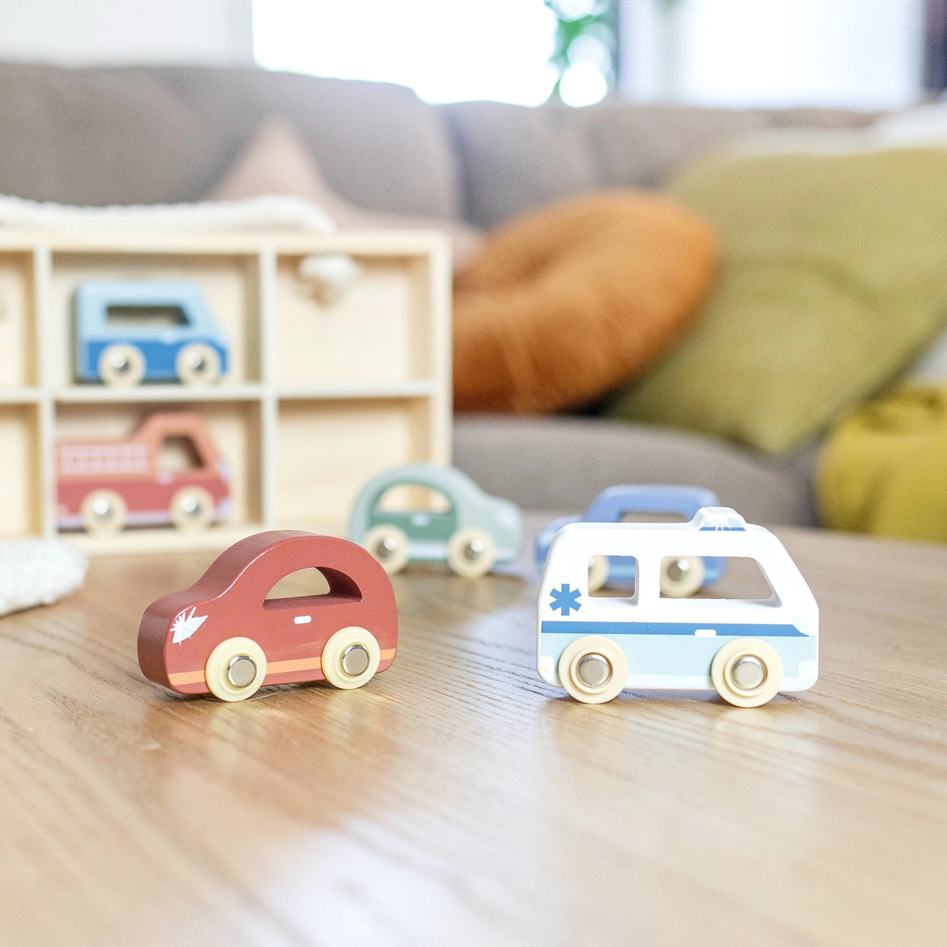 Wooden Car Display Case with Six Vehicles