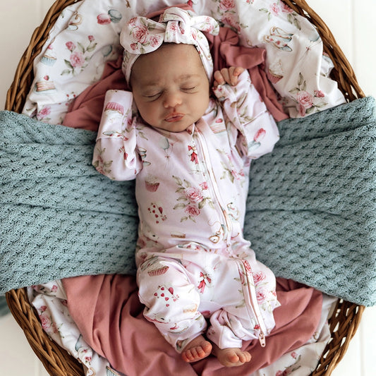 Alice’S Tea Party Organic Snugglesuit Convertible Romper with Frill by Snuggle Hunny