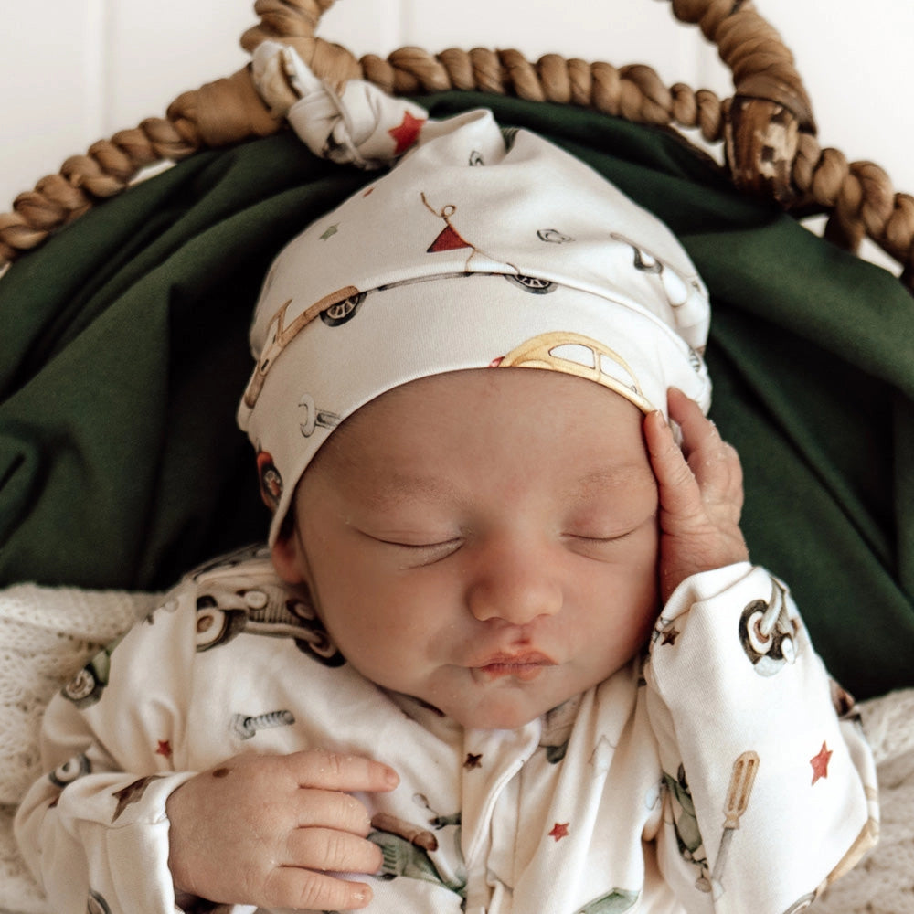 Vintage Cars Organic Knotted Beanie by Snuggle Hunny