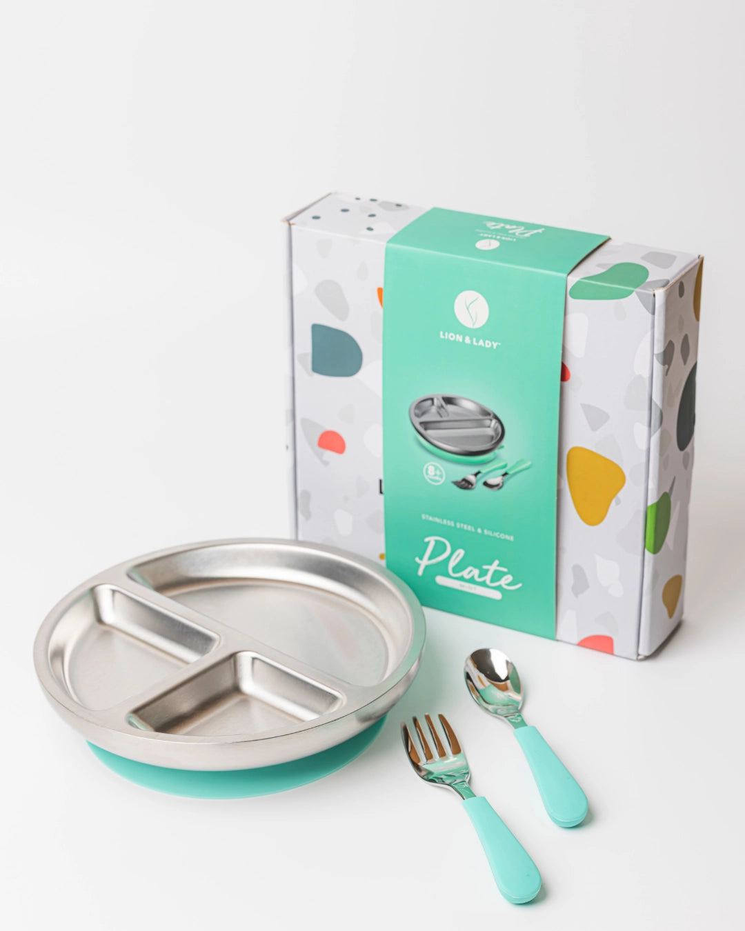 Lion & Lady 18/8 Stainless Toddler Plate with Silicone Suction Base, Spoon and Fork - Mint