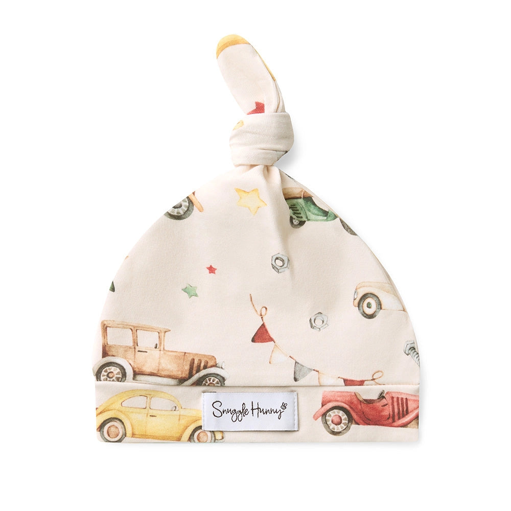 Vintage Cars Organic Knotted Beanie by Snuggle Hunny