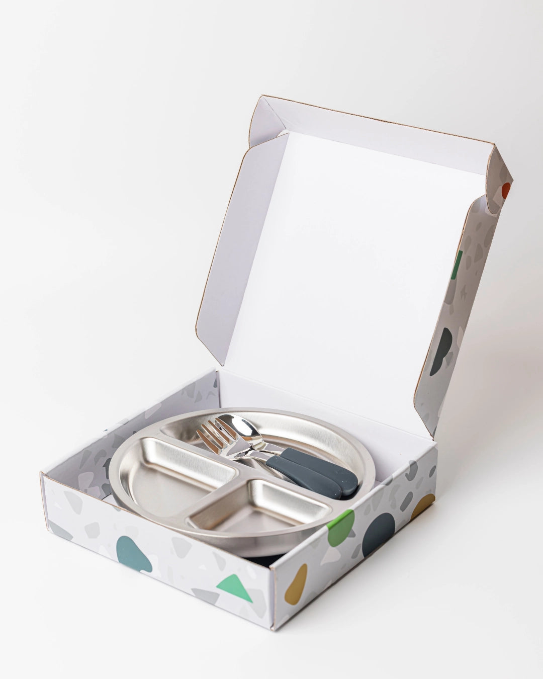 Lion & Lady 18/8 Stainless Toddler Plate with Silicone Suction Base, Spoon and Fork - French Navy