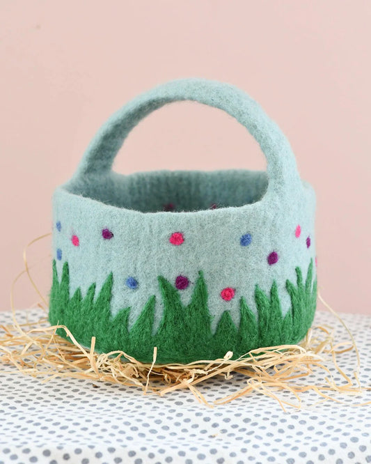 Felt Blue Basket with Colourful Spots by Tara's Treasures