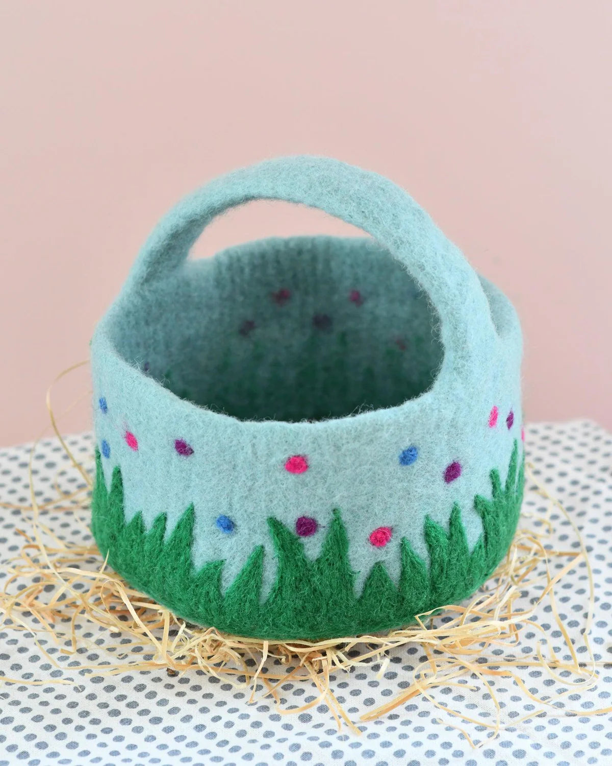 Felt Blue Basket with Colourful Spots by Tara's Treasures