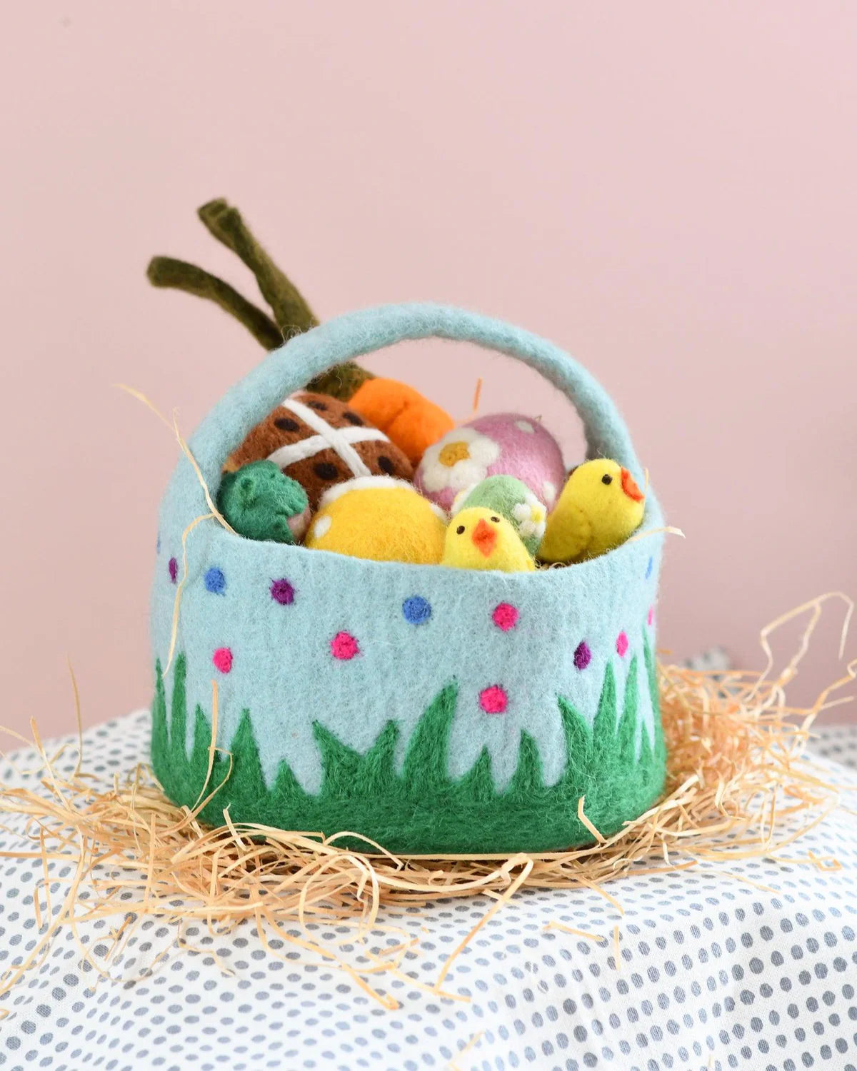 Felt Blue Basket with Colourful Spots by Tara's Treasures