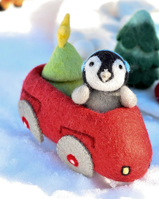 Felt Penguin in Toy Car and Christmas Tree by Tara's Treasures