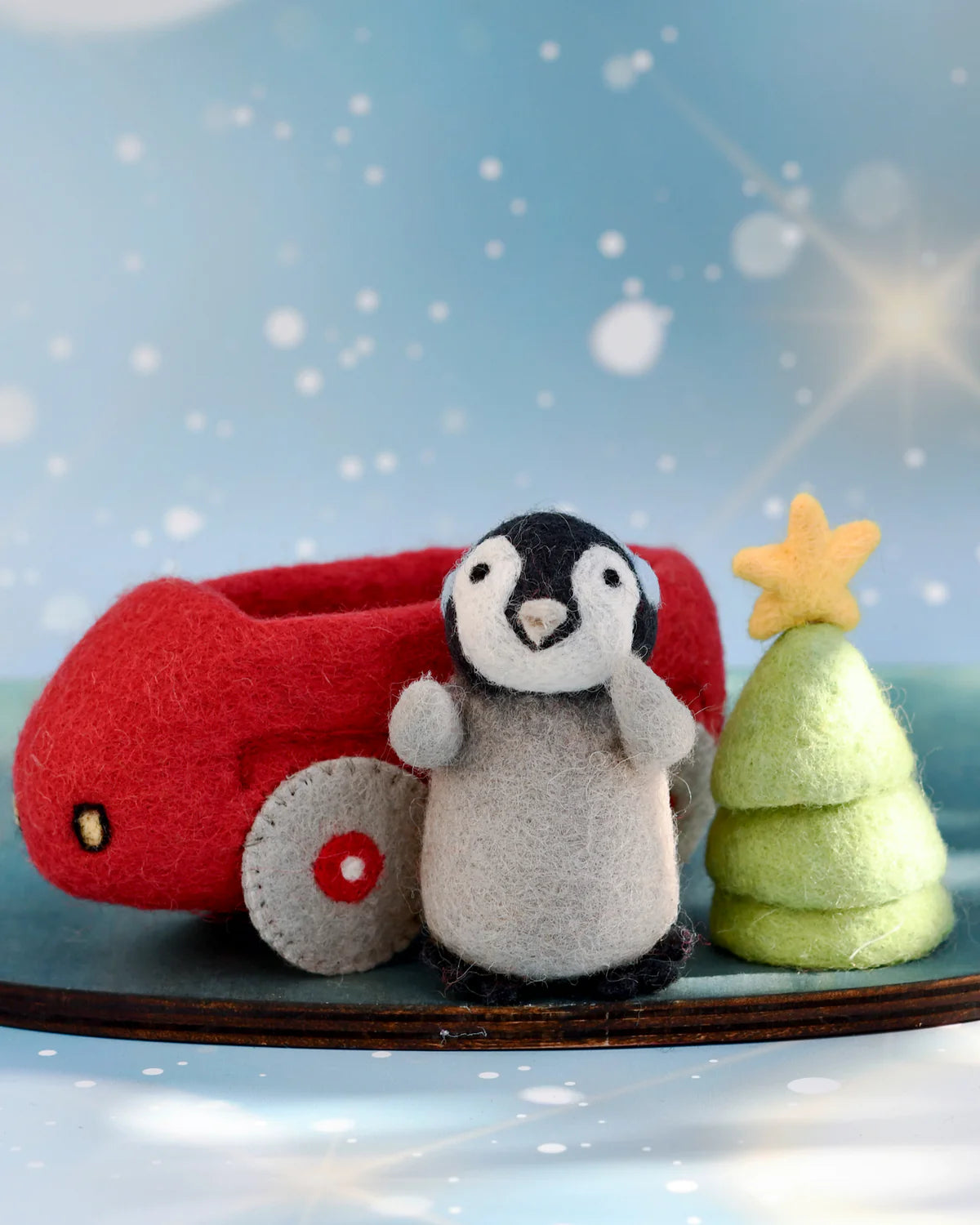 Felt Penguin in Toy Car and Christmas Tree by Tara's Treasures