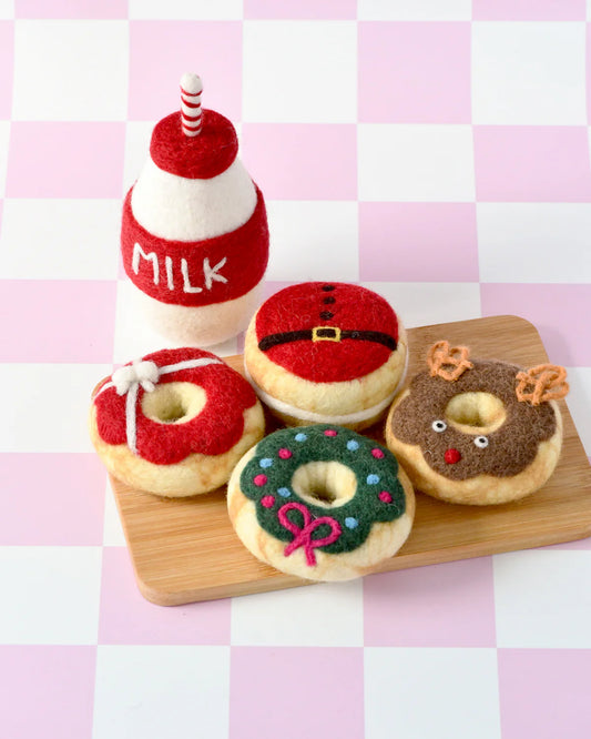 Felt Magical Christmas Play Food Set - Santa's Milk & Four Donuts by Tara's Treasures