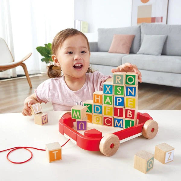 Hape Wooden Pull Along Cart with Blocks