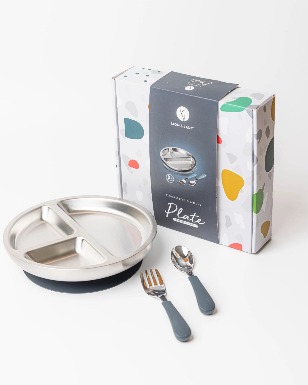 Lion & Lady 18/8 Stainless Toddler Plate with Silicone Suction Base, Spoon and Fork - French Navy