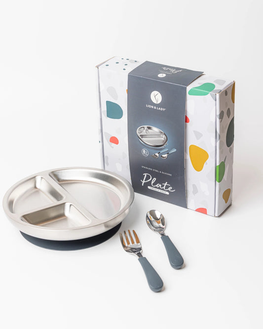Lion & Lady 18/8 Stainless Toddler Plate with Silicone Suction Base, Spoon and Fork - French Navy