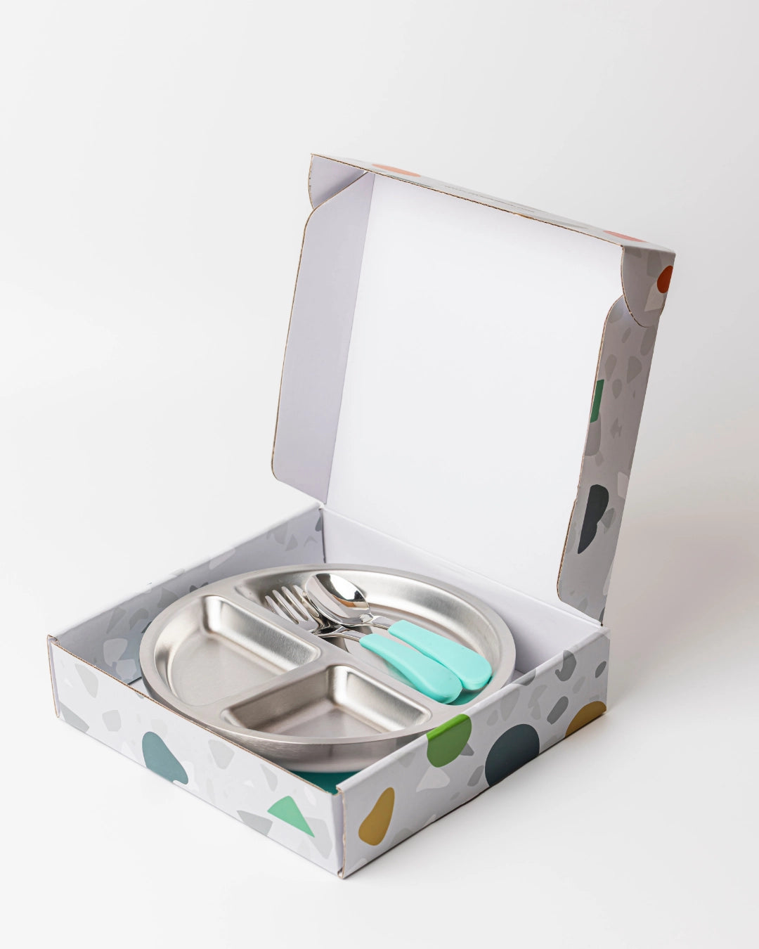 Lion & Lady 18/8 Stainless Toddler Plate with Silicone Suction Base, Spoon and Fork - Mint