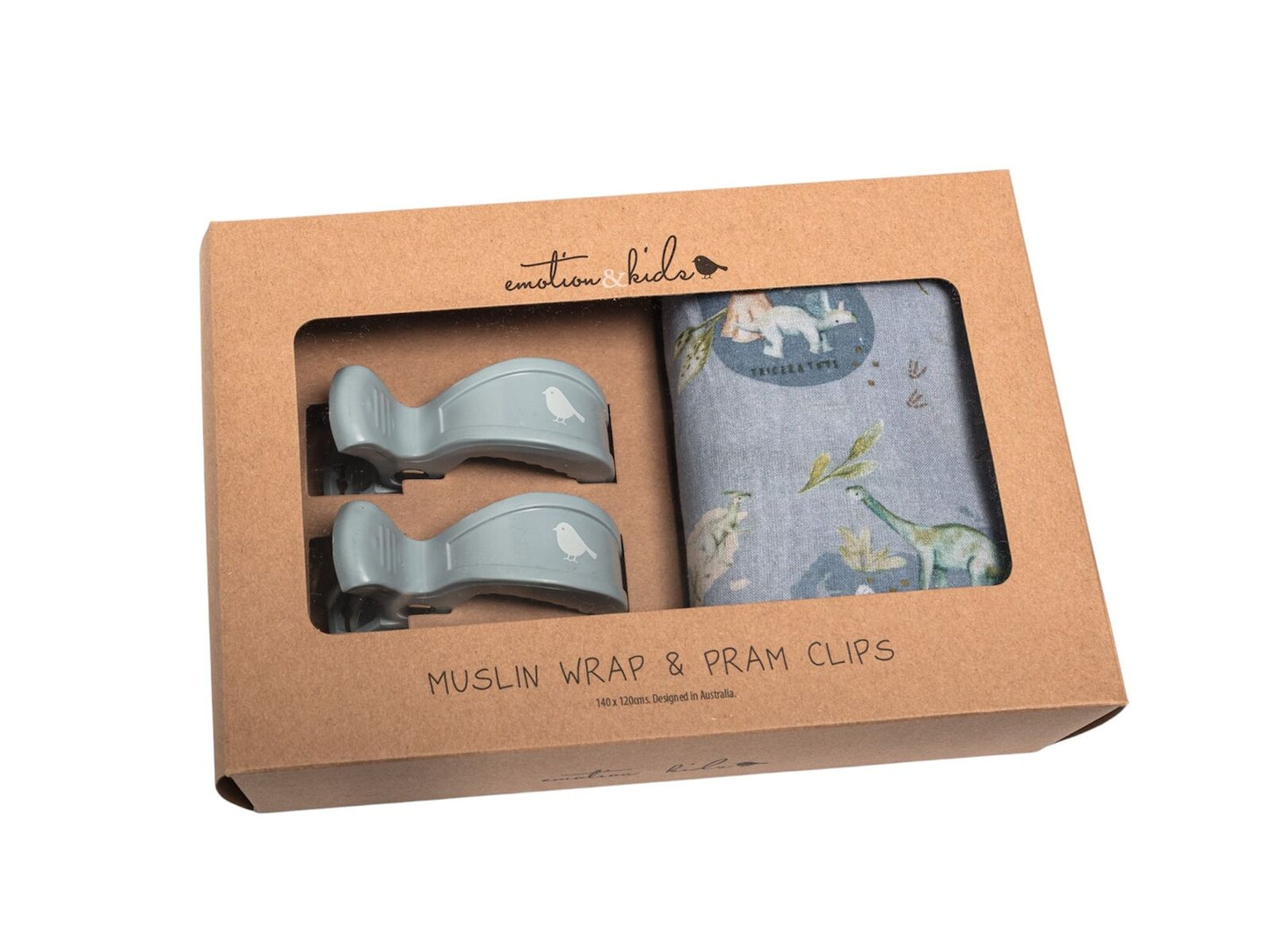 Dinosaurs of World Muslin Wrap & Dusty Blue Pram Clip Set
