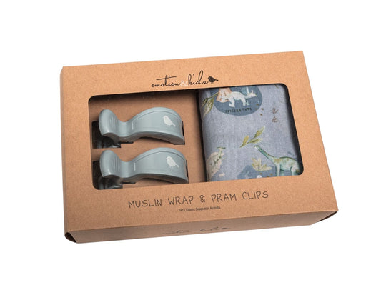 Dinosaurs of World Muslin Wrap & Dusty Blue Pram Clip Set