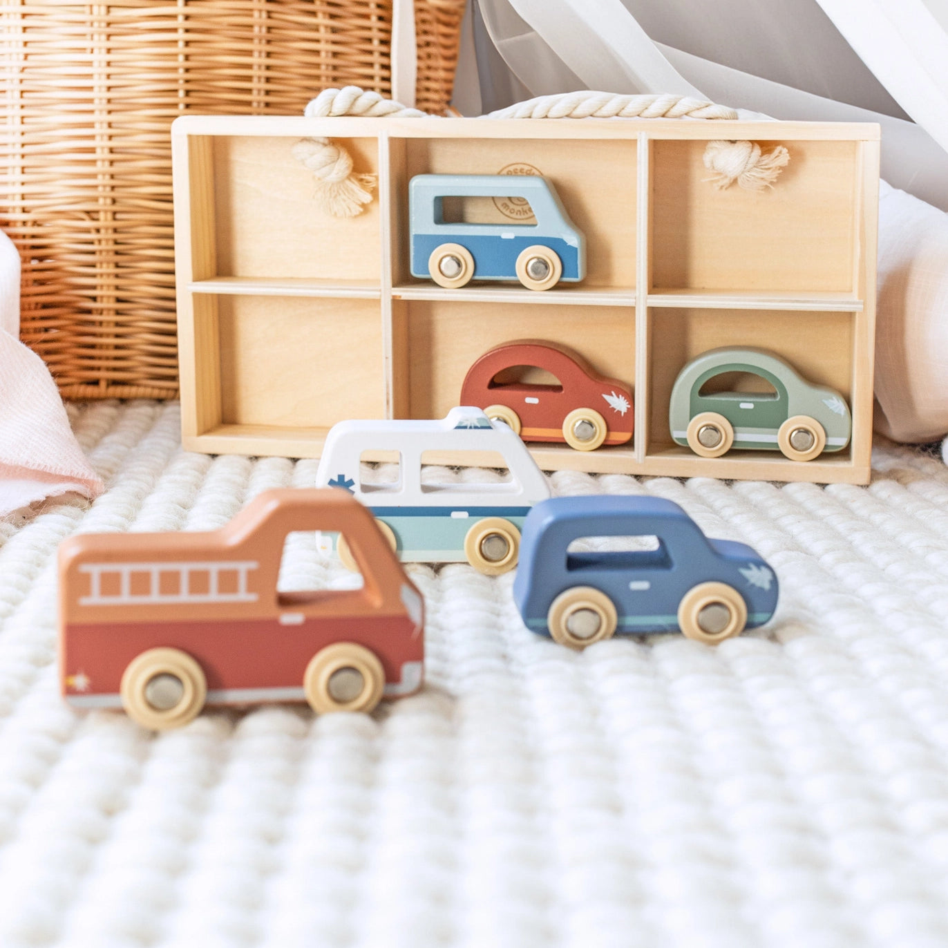 Wooden Car Display Case with Six Vehicles