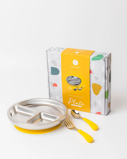 18/8 Stainless Toddler Plate with Silicone Suction Base, Spoon and Fork - Yellow