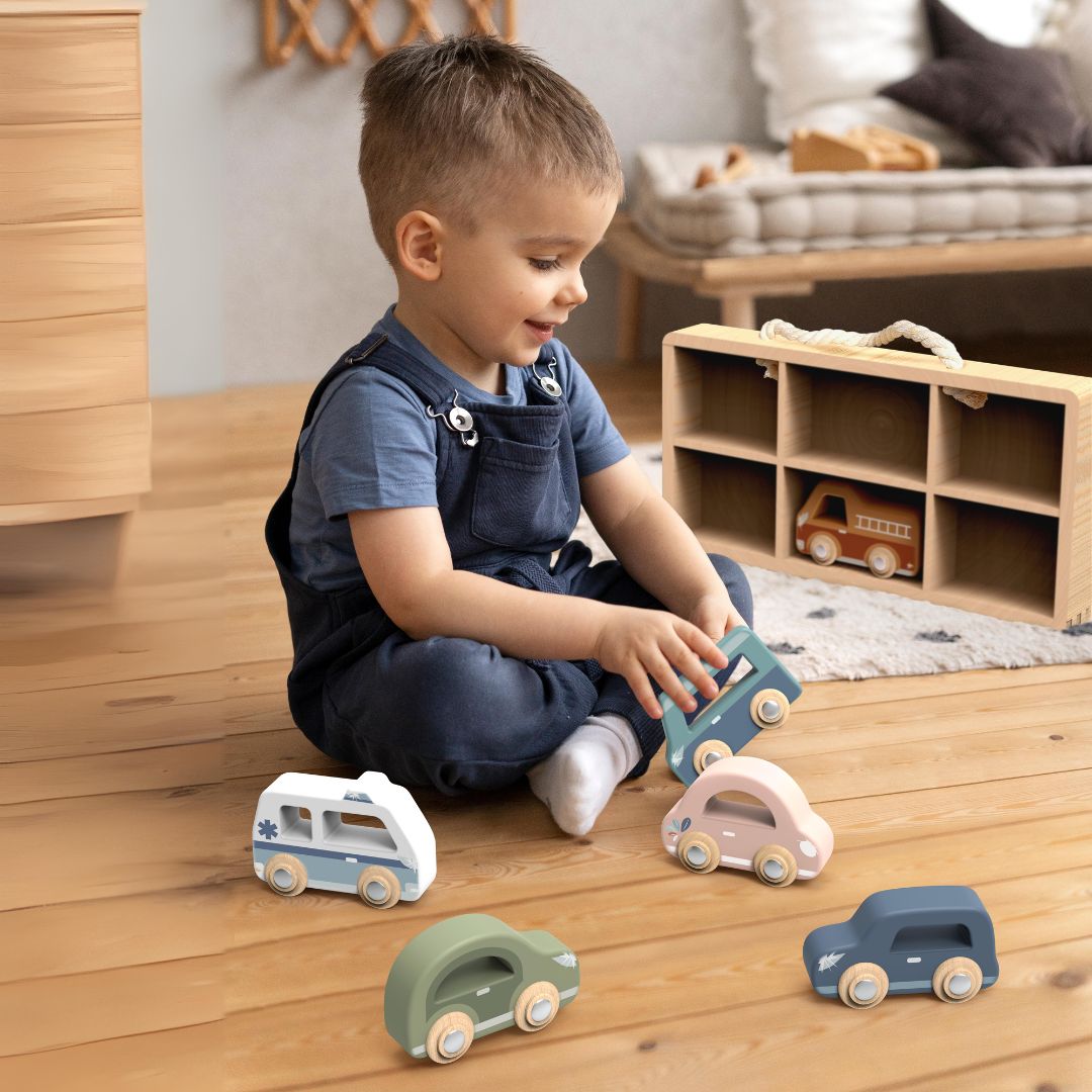 Wooden Car Display Case with Six Vehicles