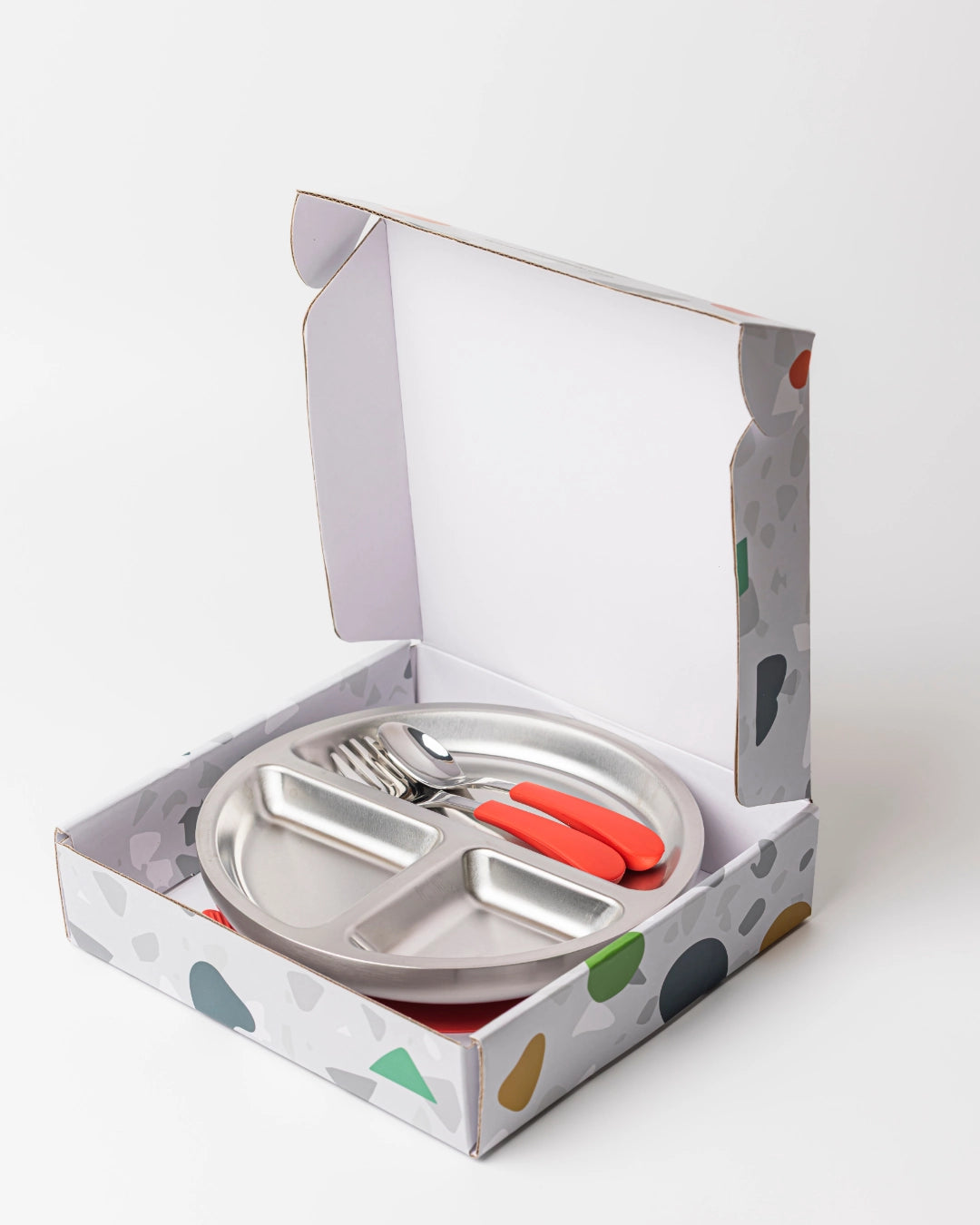 Lion & Lady 18/8 Stainless Toddler Plate with Silicone Suction Base, Spoon and Fork - Fuchsia Pink