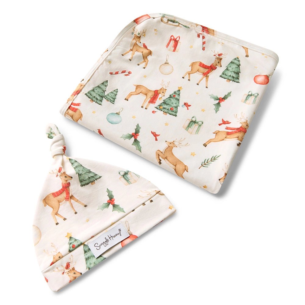 Prancer & Friends Organic Jersey Wrap & Beanie Set by Snuggle Hunny