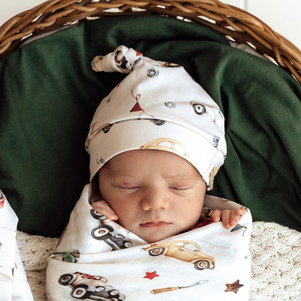 Vintage Cars Organic Knotted Beanie by Snuggle Hunny