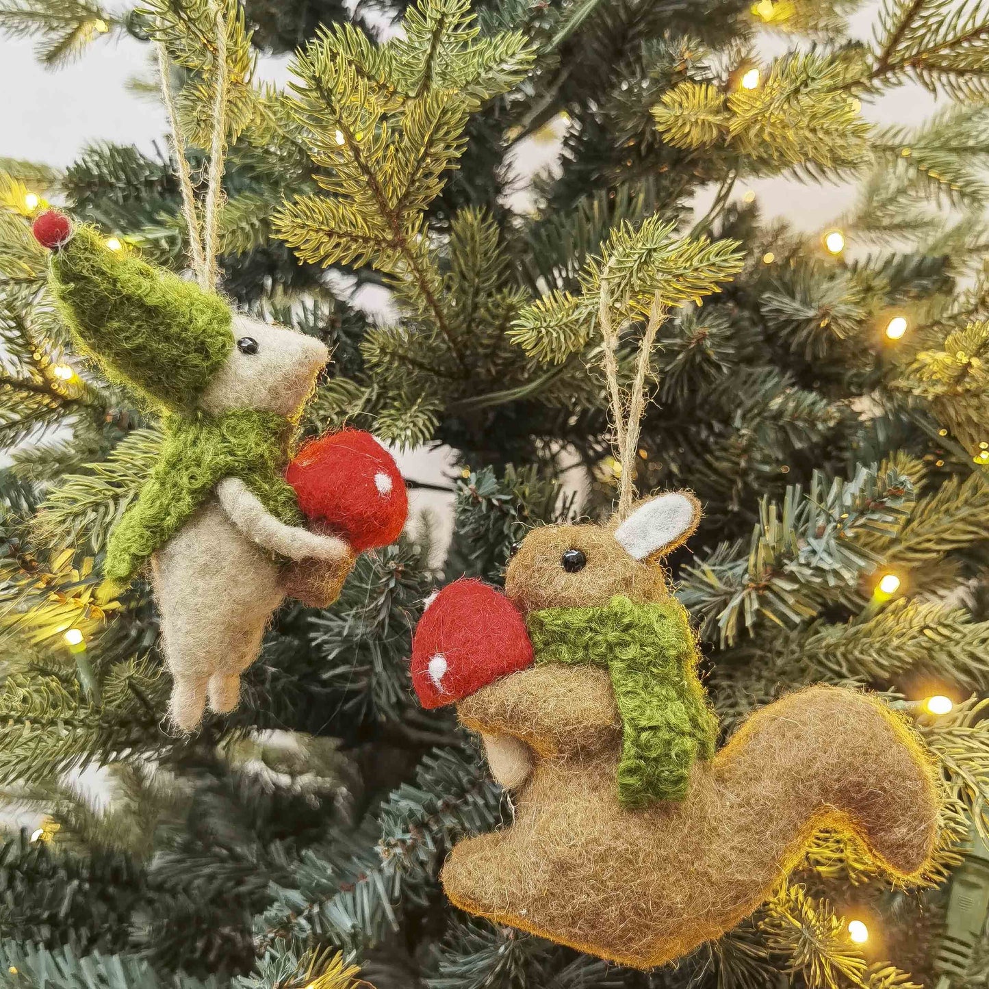 Mouse & Squirrel Holding Toadstool Hanging Christmas Decoration