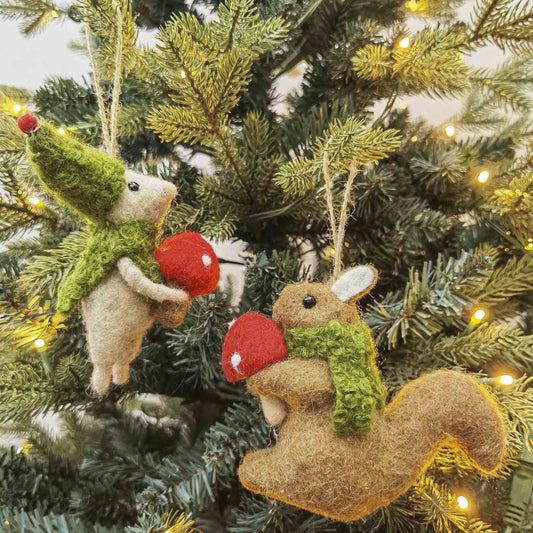 Mouse & Squirrel Holding Toadstool Hanging Christmas Decoration
