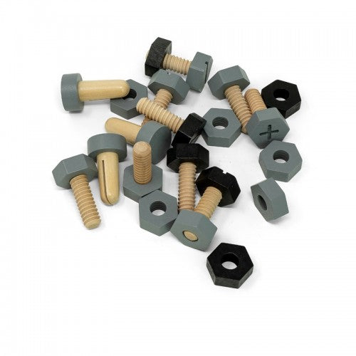MamaMemo Wooden Workshop Tools - Screws, Nuts and Bolts Set of Twenty One Pieces