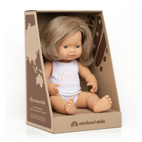 Miniland Doll - Anatomically Correct Baby, Dark Blond Caucasian Girl, 38 cm
